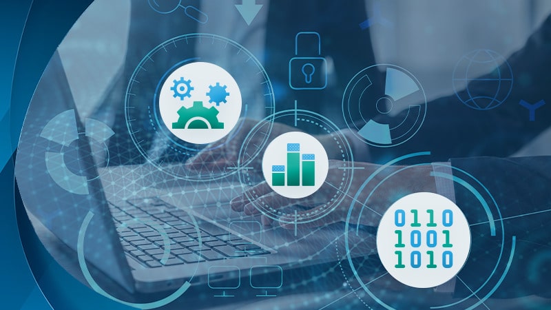 Hands typing on a laptop keyboard overlaid with data icons representing analytics, security, and processing.