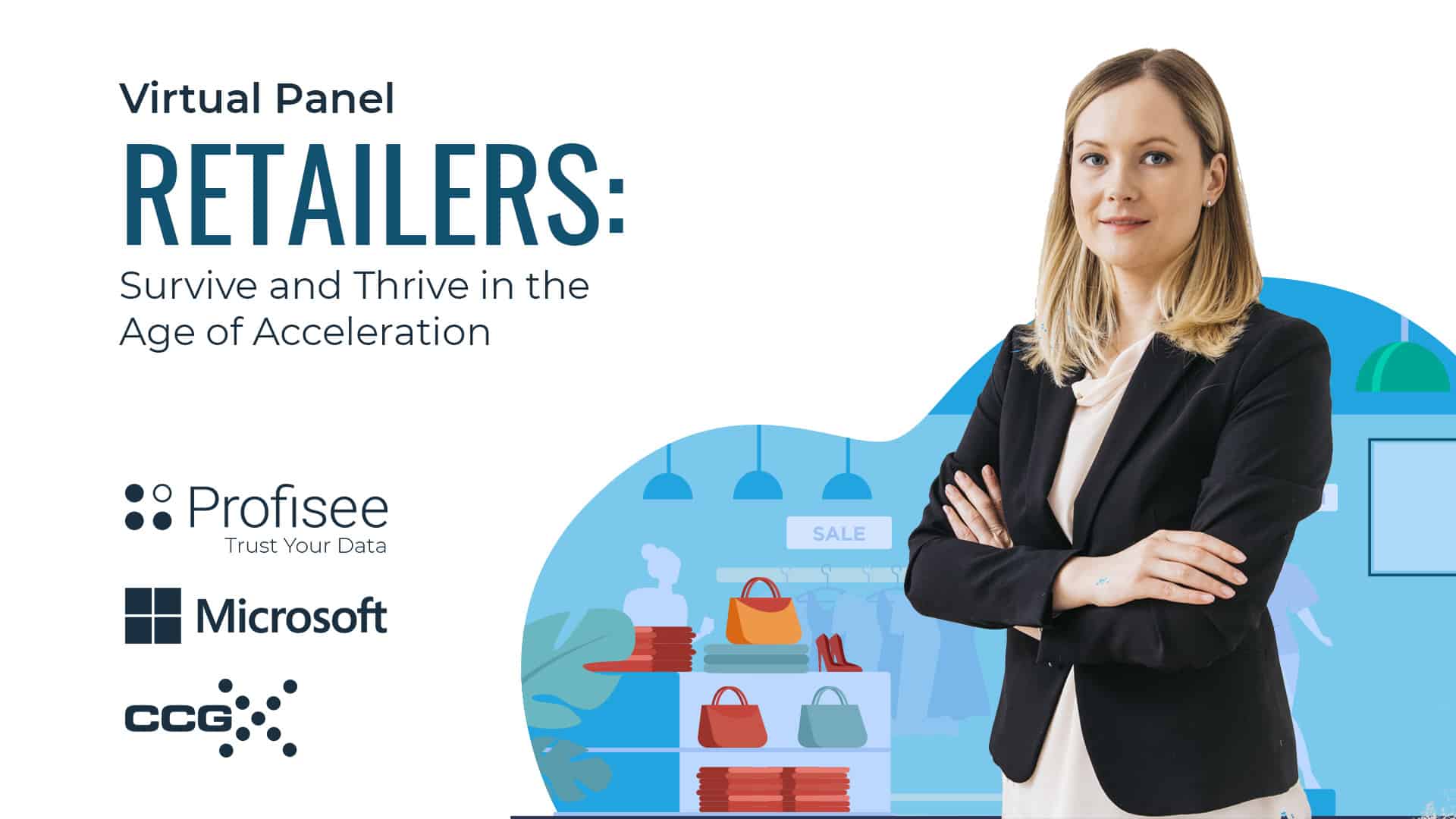 Advertisement for a virtual panel about retailers surviving and thriving, featuring a presenter and sponsoring company logos.