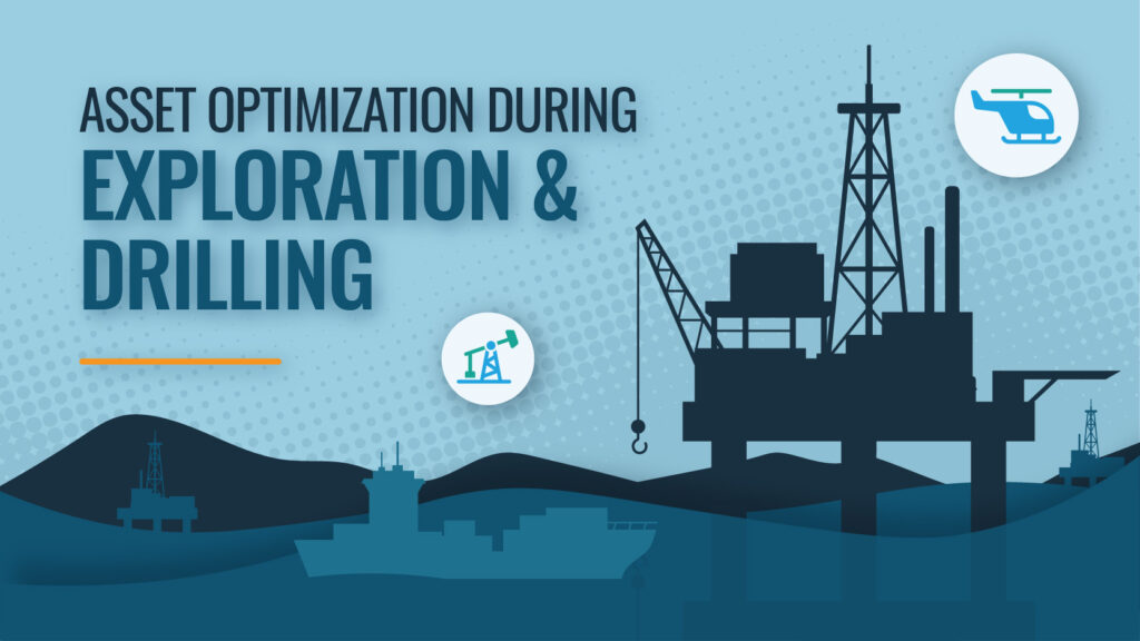Over water oil rig with icons that represent exploration and drilling.