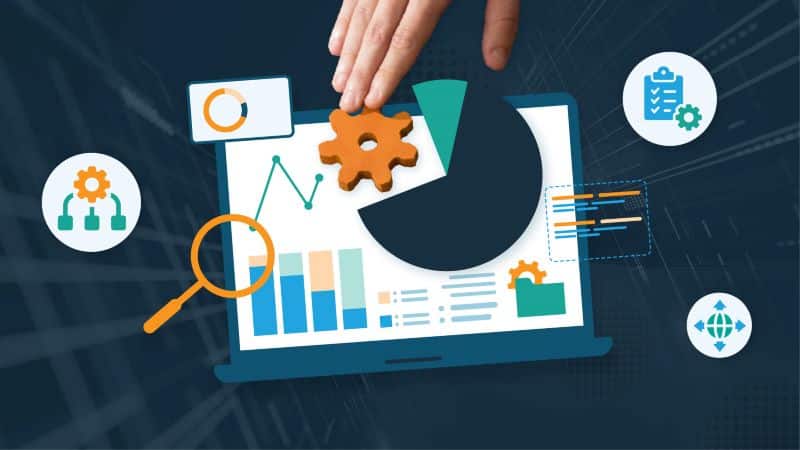 Illustration of a hand interacting with a laptop displaying data visualizations, including a pie chart, bar chart, and line graph. Surrounding the laptop are icons representing data governance concepts: workflow automation, magnifying glass for data search, checklist with a gear for policy compliance, coding elements, and a globe for data integration. The theme suggests a data governance or analytics framework.