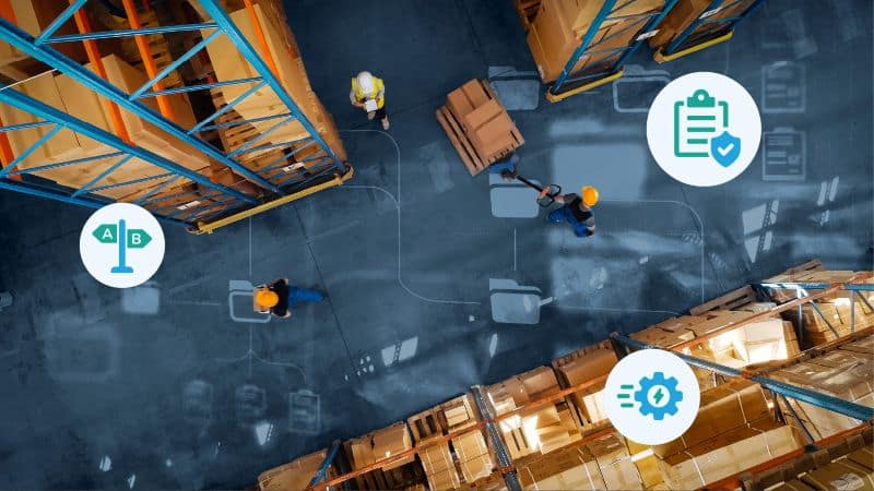 A bird's eye view of data moving around a warehouse floor.