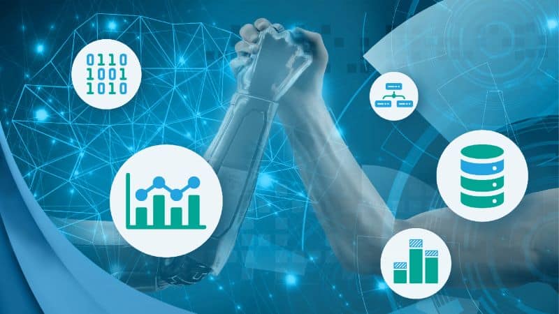 This graphic depicts a data wrestling concept with robotic and human arms against a backdrop of analytics, database, and binary code.