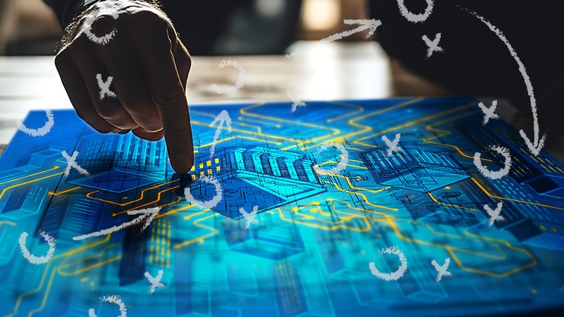 A person points to a digital blueprint overlaid with strategic playbook markings, symbolizing a data governance strategy.