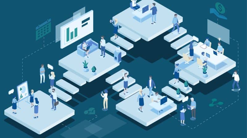 An Isometric illustration of a connected office, showing different teams collaborating and working in various settings.