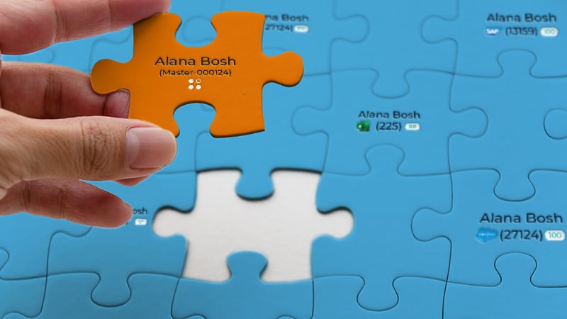 A hand placing a puzzle piece labeled 'Alana Bosh' into a larger puzzle, symbolizing data integration.