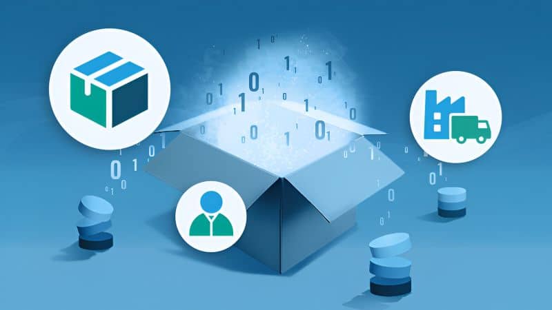 An abstract graphic depicting data emerging from an open box featuring related icons such as shipping, boxes, and customers.