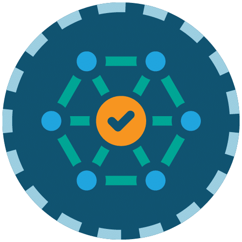 Interconnected network icon with a checkmark in the center.