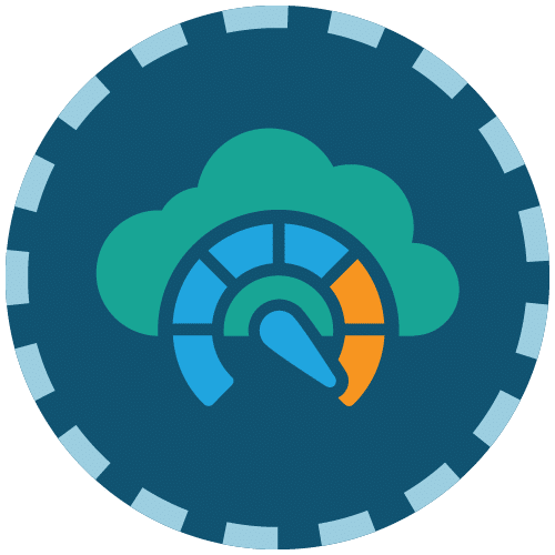 Cloud performance icon showing a speedometer within a cloud shape.