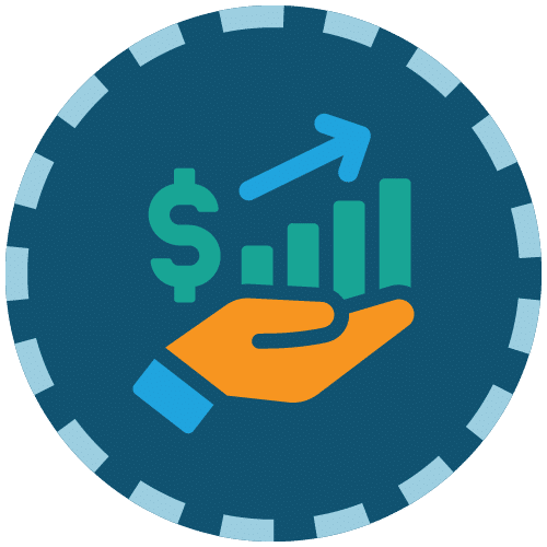Icon of a hand supporting a rising graph and a dollar sign symbolizing financial success.