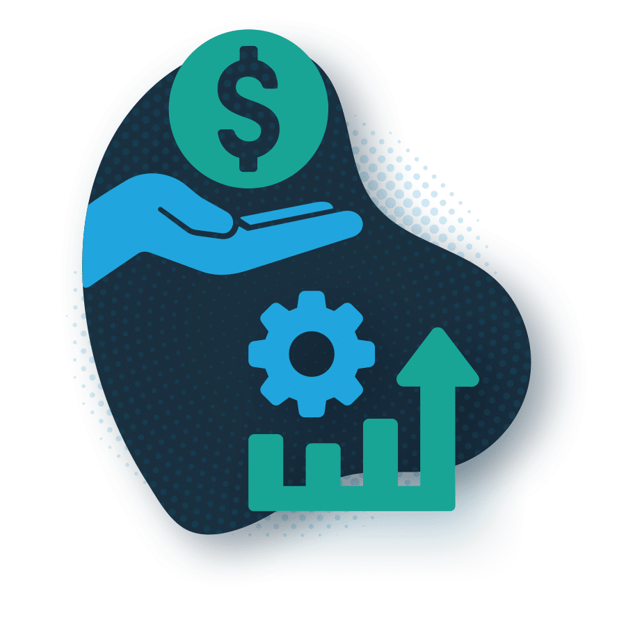 Icon depicting financial growth, featuring a hand offering a dollar sign coin, a gear, and an upward trending bar graph.