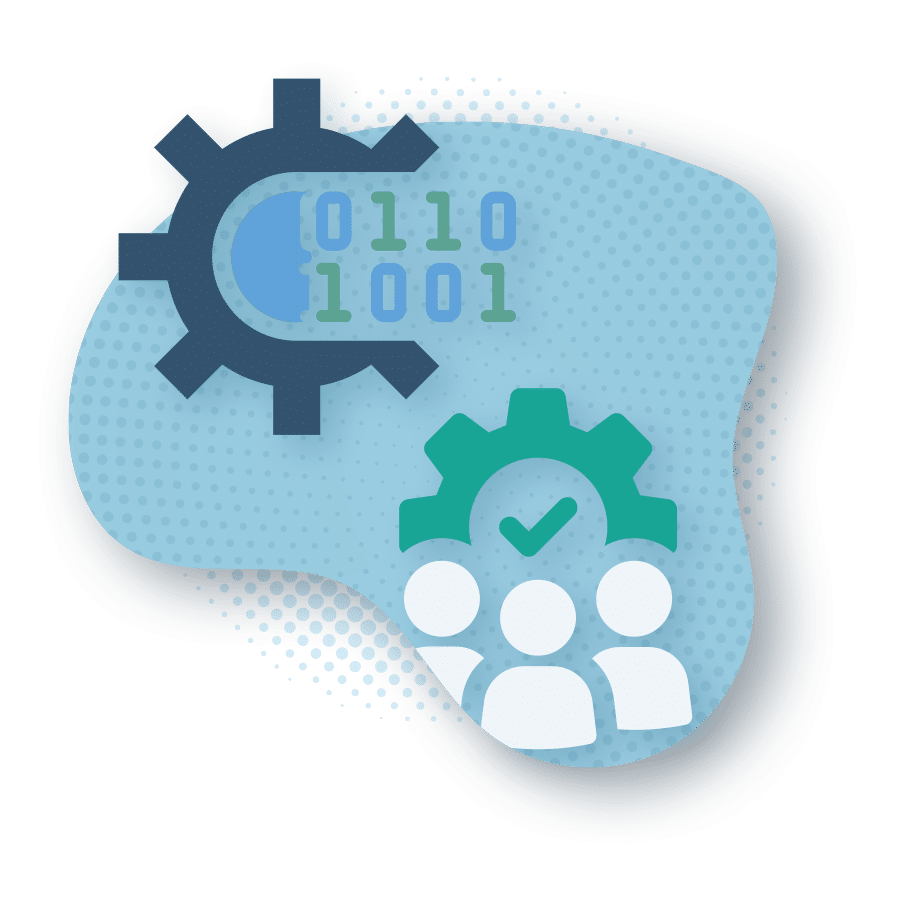 Icon showing gear with binary code, team beneath another gear with checkmark set on a dotted light blue shape.