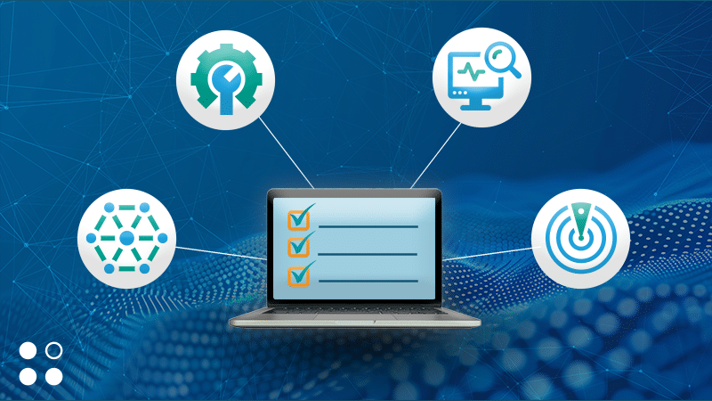 A laptop with checklist and data management icons.