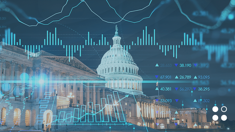The U.S. Capitol Building is overlaid with stock market data, graphs, and financial numbers.