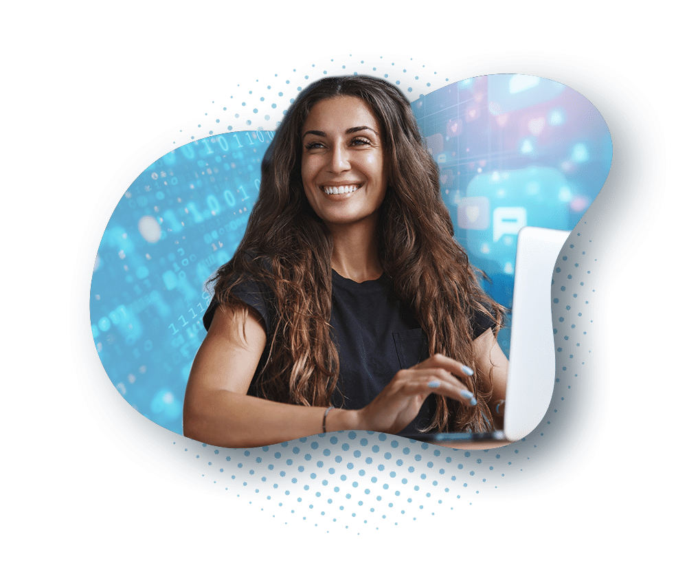 A smiling woman using a laptop with a binary code and social media icon background.