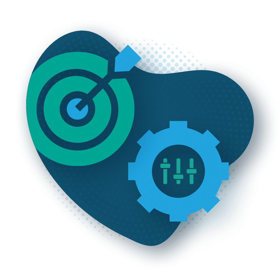 Visual representation of tracking supplier performance metrics and adjusting settings for improvement. It contains a green target with an arrow and a blue gear with vertical sliders, set on a blue blob shape.