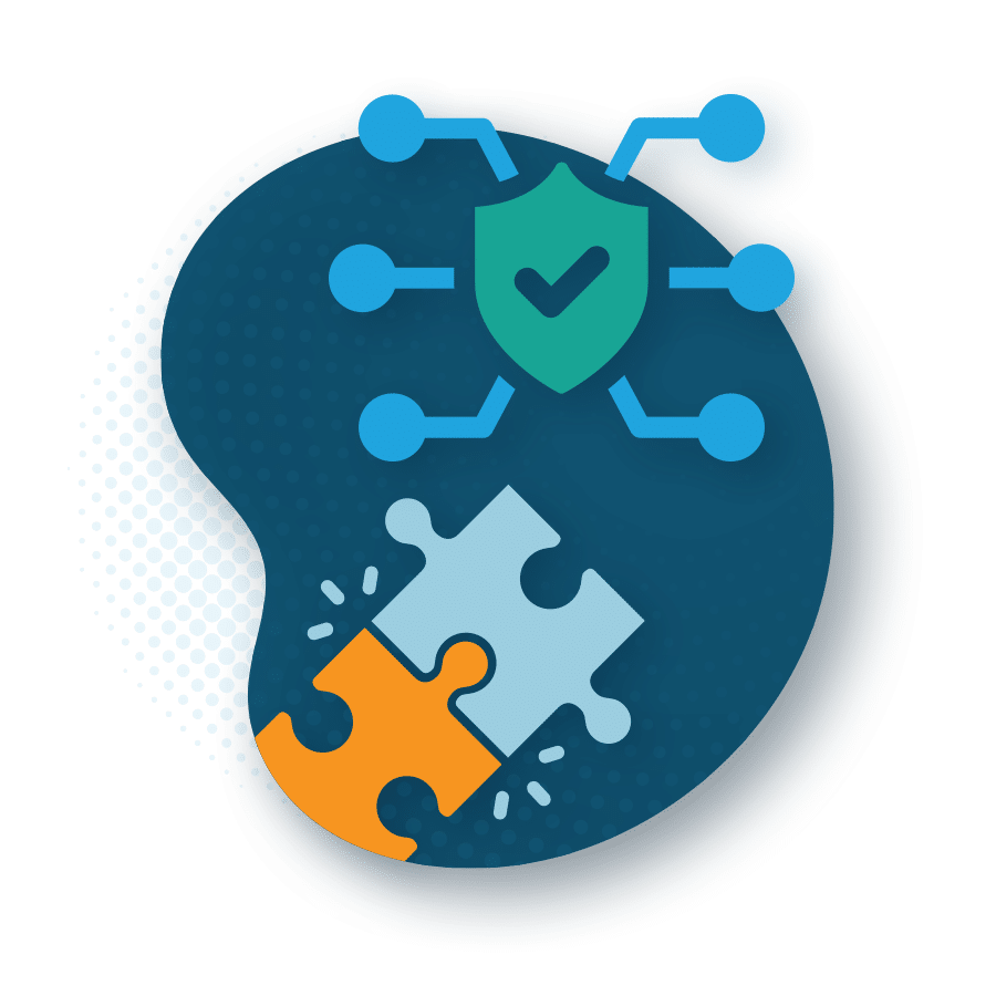 Icon showing a security shield connected to nodes, with partially connected puzzle pieces, set on a navy patterned shape.