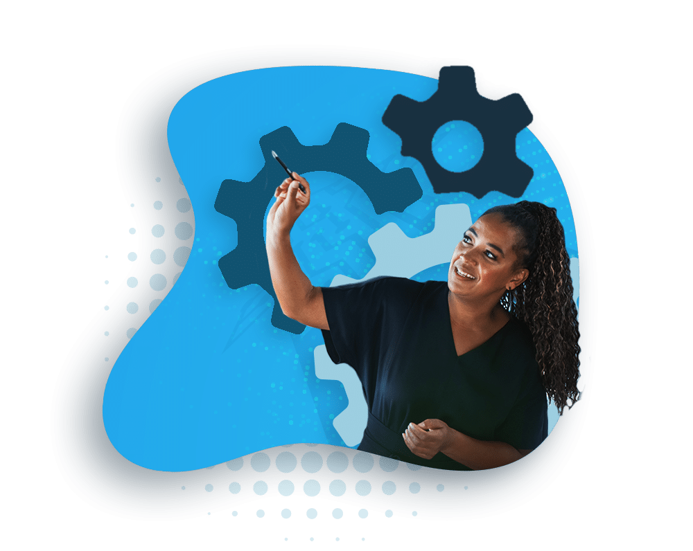 Woman pointing to gears, representing trusted dara for digital transformation.