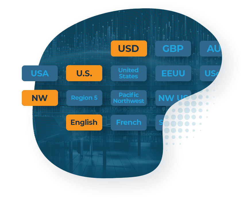 Graphic featuring currency abbreviations, regions, and languages overlaid on a blurred background.