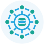 Icon depicting a central database connected to a network of nodes, representing data sharing or data management.