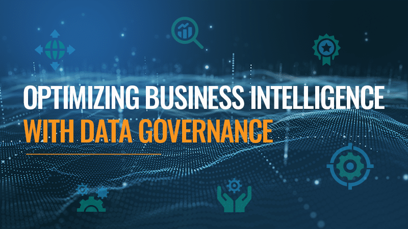 Abstract blue landscape with teal icons depicting data integration and the text Optimizing Business Intelligence with Data Governance.