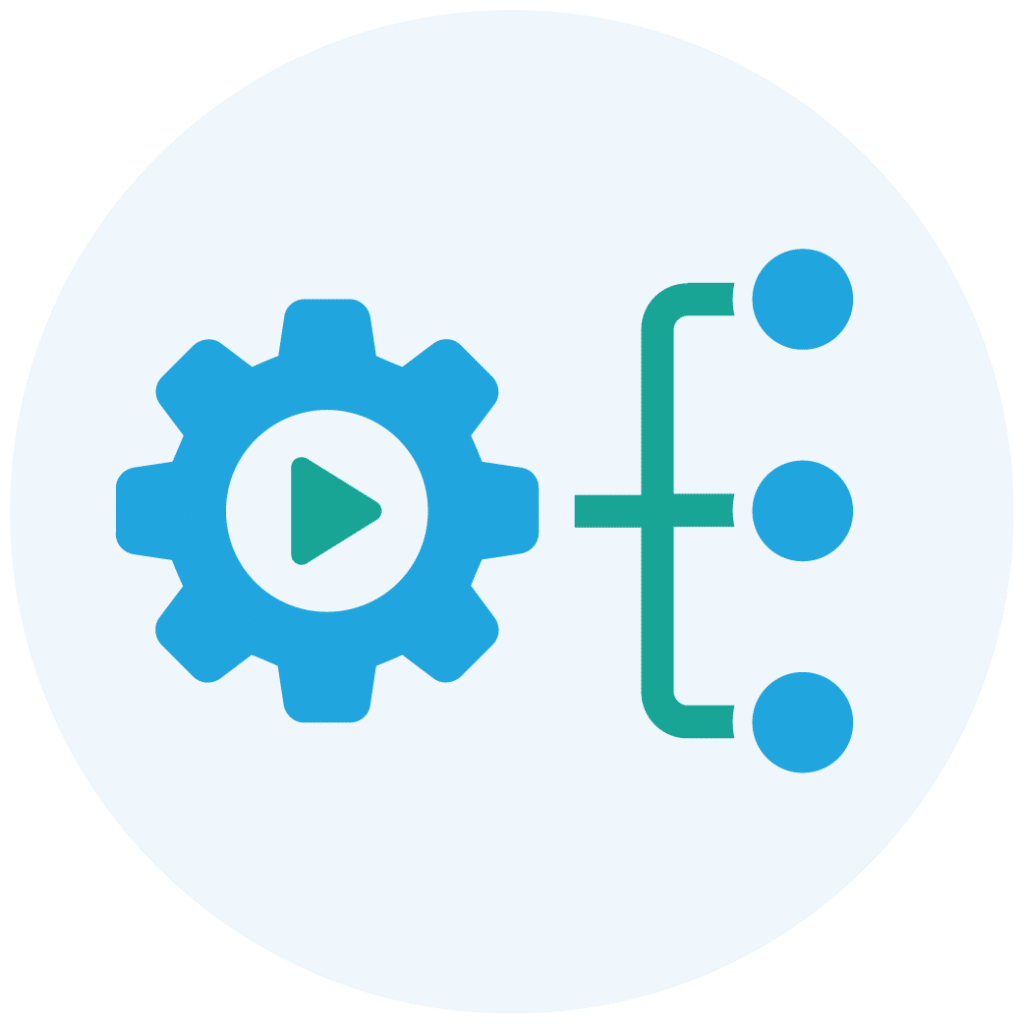 Blue gear with green play button and branching green and blue flowchart icon.