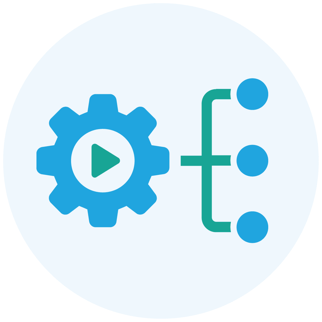 Blue gear with green play button and branching green and blue flowchart icon.