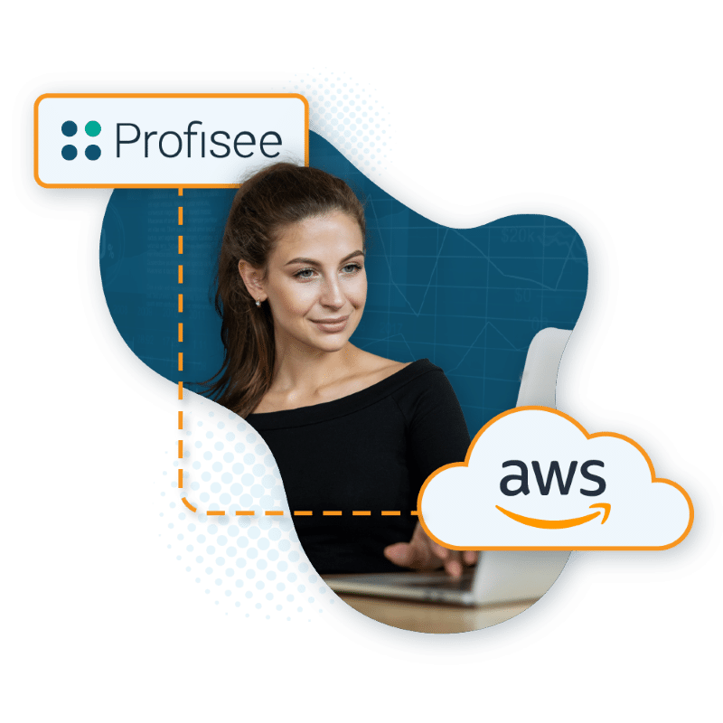 A woman works on a laptop. The Profisee and AWS logos are floating in front of her.