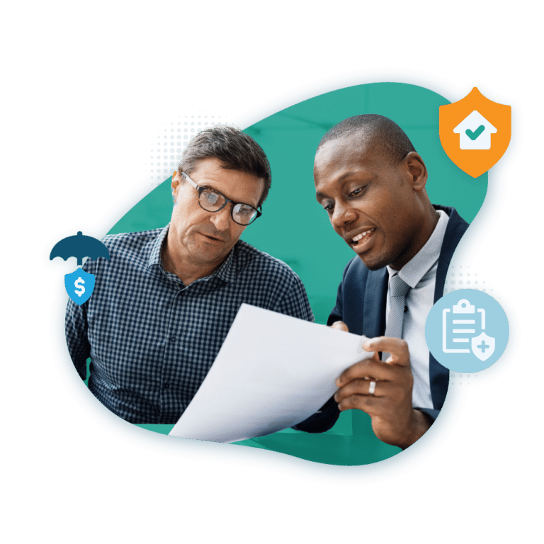 Hero image of two men looking over a sheet while discussing insurance.