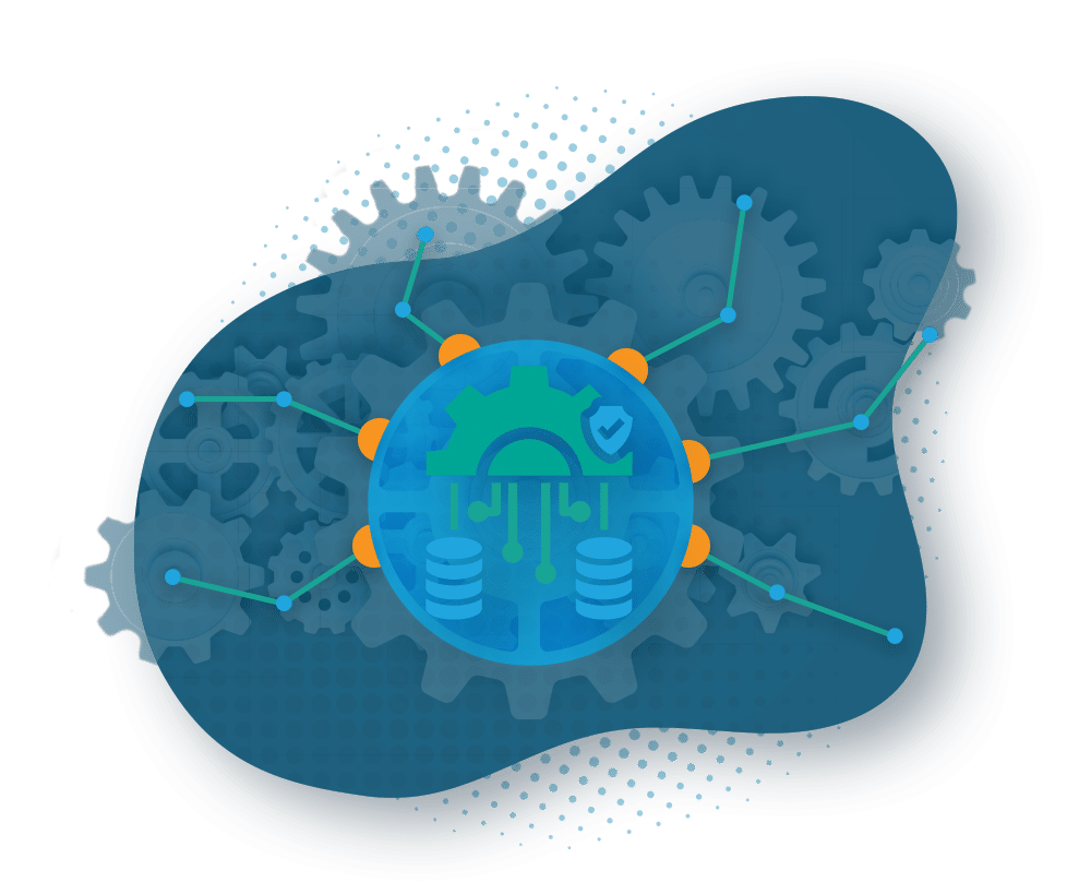 Abstract illustration with gears, data storage icons, and interconnected nodes against a gradient background.